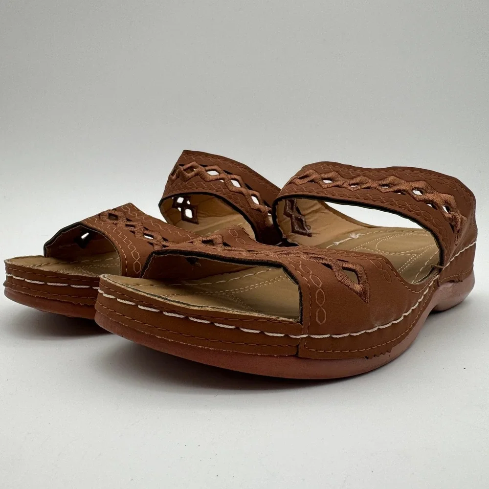 Women's Brown‎ Cutout Slide Sandals Comfort Casual Slip On Shoes Size 8